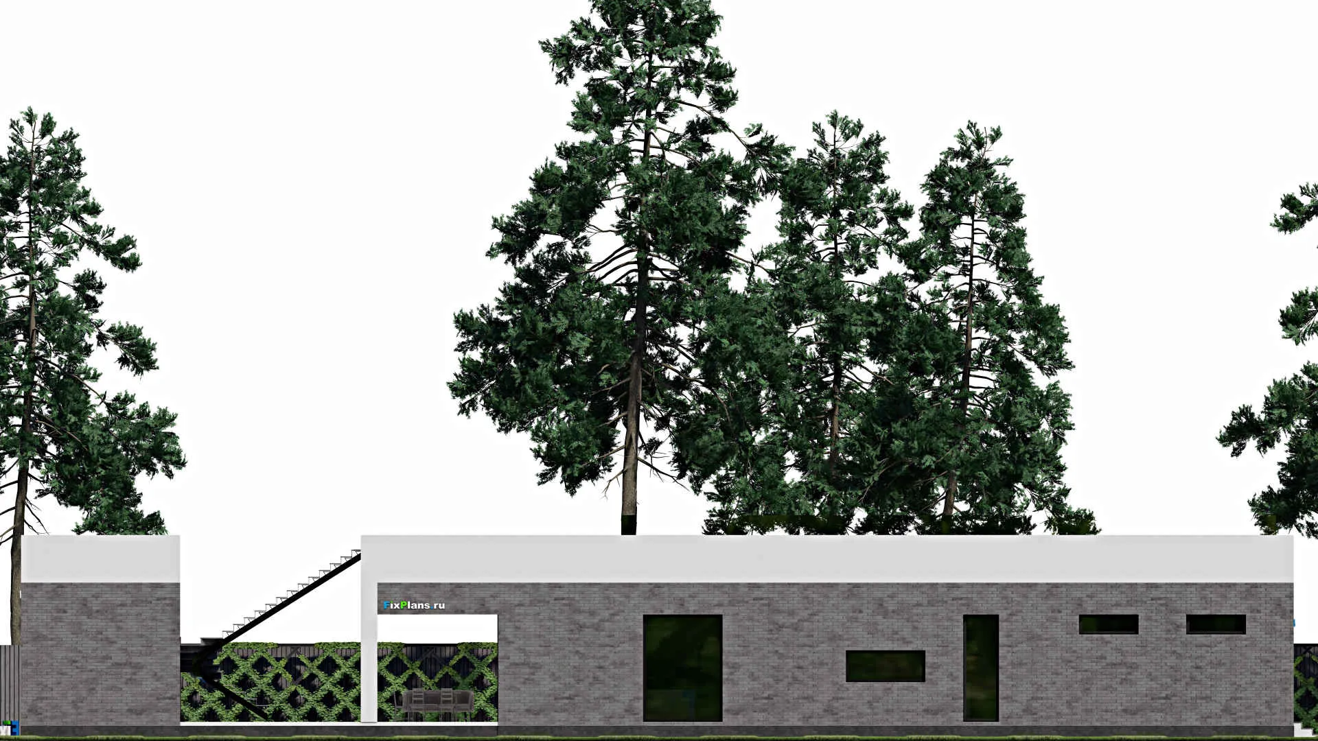 F-0638 - Проект одноэтажного дома 14 на 32, площадью 320 м² с террасой, гаражом на 1 машину и 3 спальнями