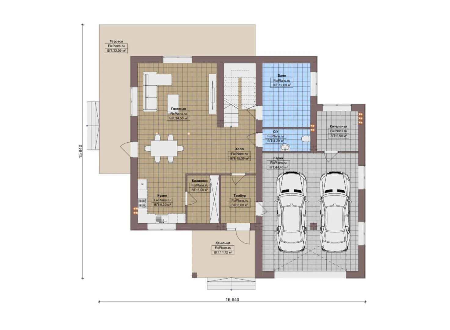 F-18827 - Планы двухэтажного дома 16 на 17, площадью 310 м² с террасой, баней, гаражом на 2 машины и 3 спальнями