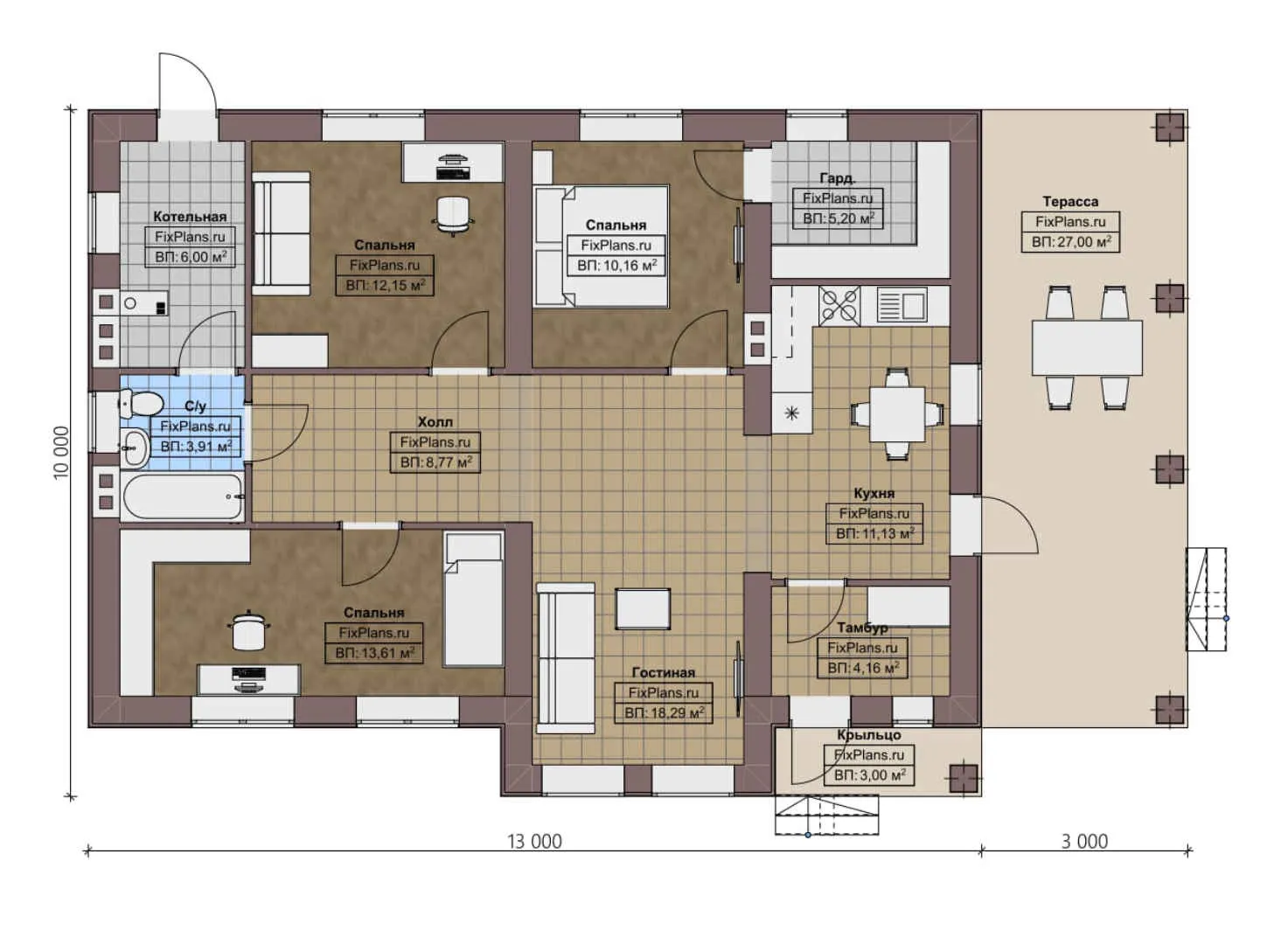 F-0611 - План одноэтажного дома 10 на 13, площадью 130 м² с террасой и 3 спальнями