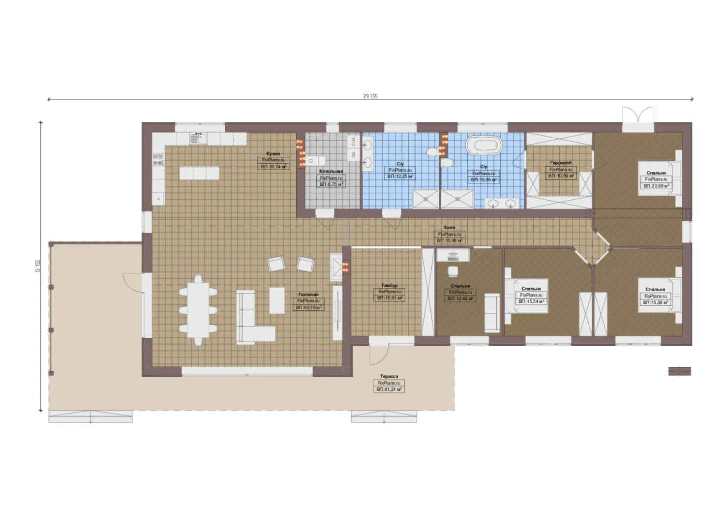 F-13382 - План одноэтажного дома 14 на 30, площадью 290 м² с террасой и 4 спальнями