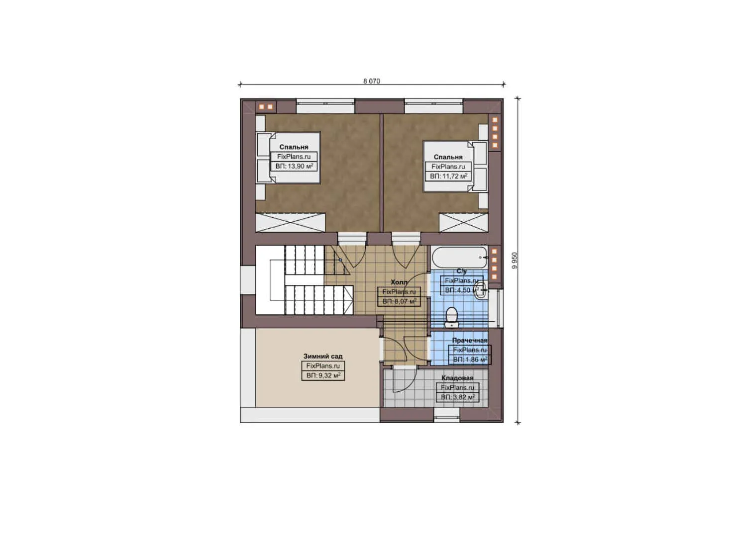 F-9773 - Планы двухэтажного дома 12 на 13, площадью 170 м² с гаражом на 1 машину и 2 спальнями