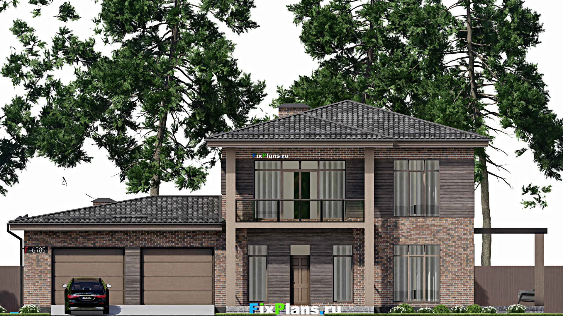 F-6785 - Проект двухэтажного дома 15 на 23, площадью 330 м² с террасой, балконом, гаражом на 2 машины и 4 спальнями