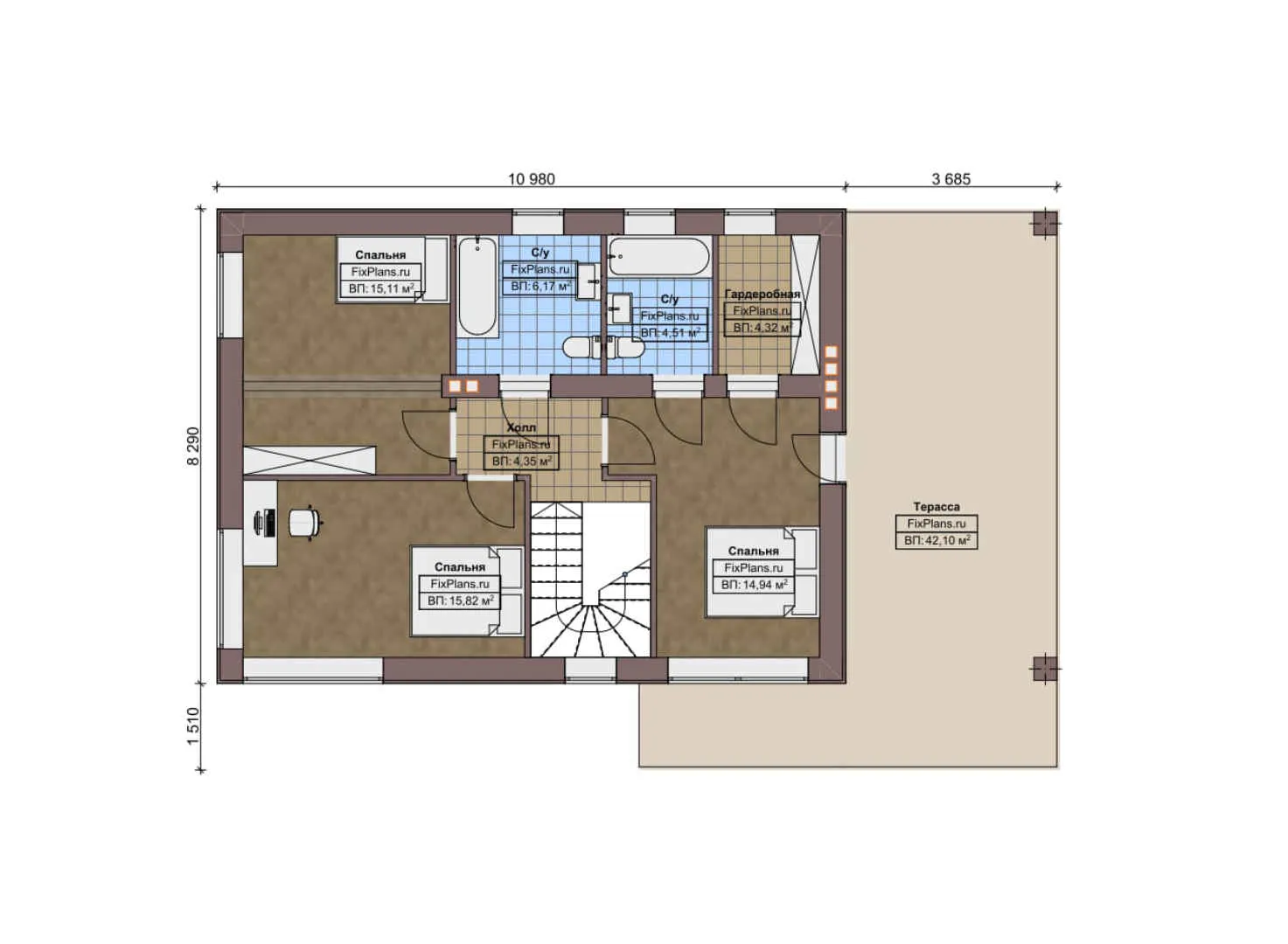 F-6209 - Планы двухэтажного дома 10 на 15, площадью 250 м² с террасой и 4 спальнями
