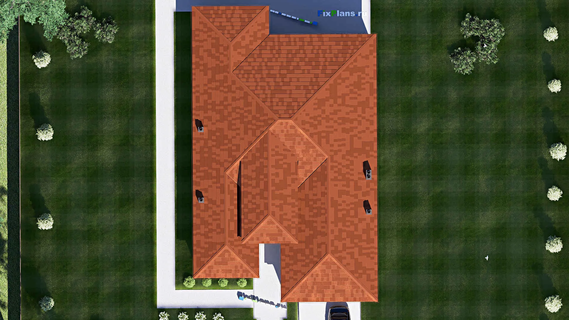 F-17270 - Проект одноэтажного дома 15 на 24, площадью 240 м² с террасой, гаражом на 2 машины и 4 спальнями