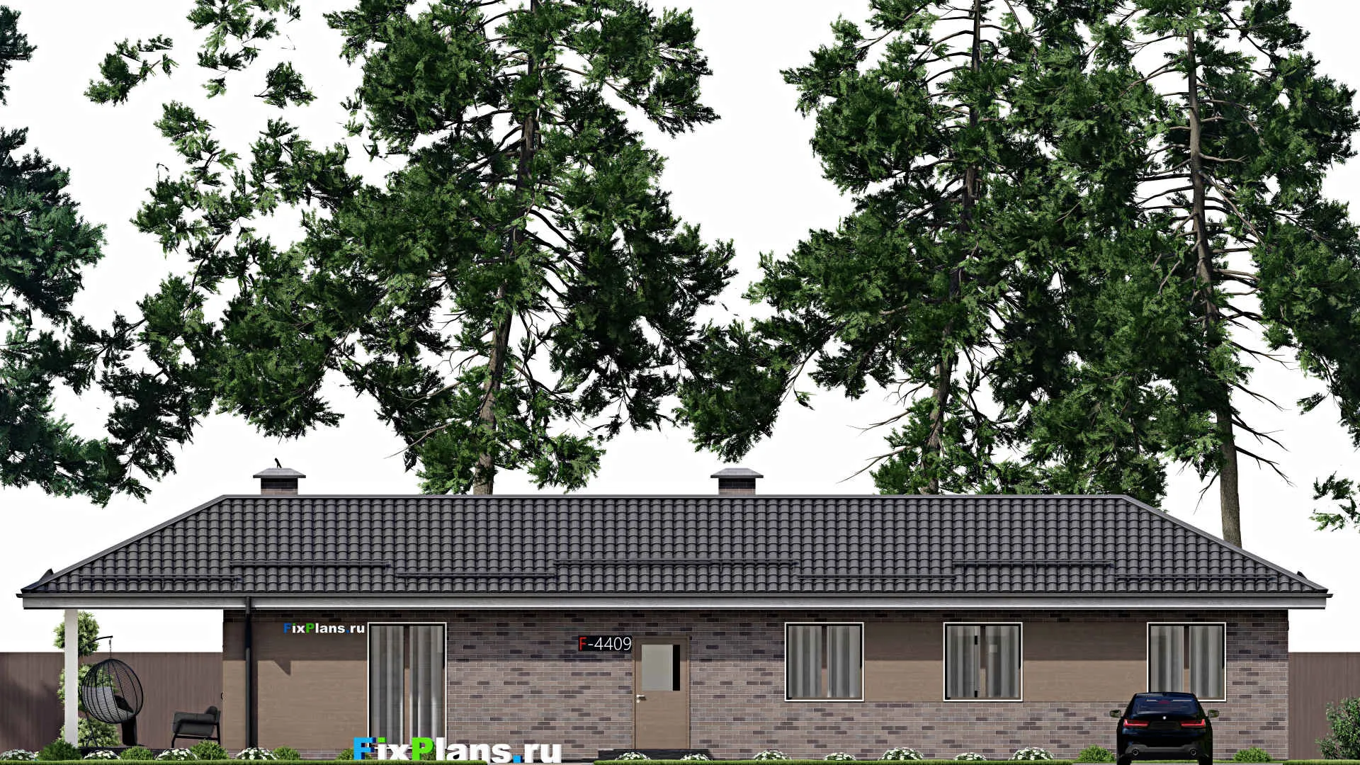 F-4409 - Проект одноэтажного дома 7 на 21, площадью 120 м² с террасой и 3 спальнями