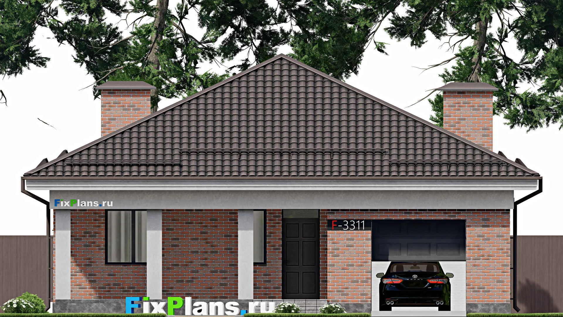 F-3311 - Проект одноэтажного дома 12 на 18, площадью 180 м² с террасой, гаражом на 1 машину и 3 спальнями