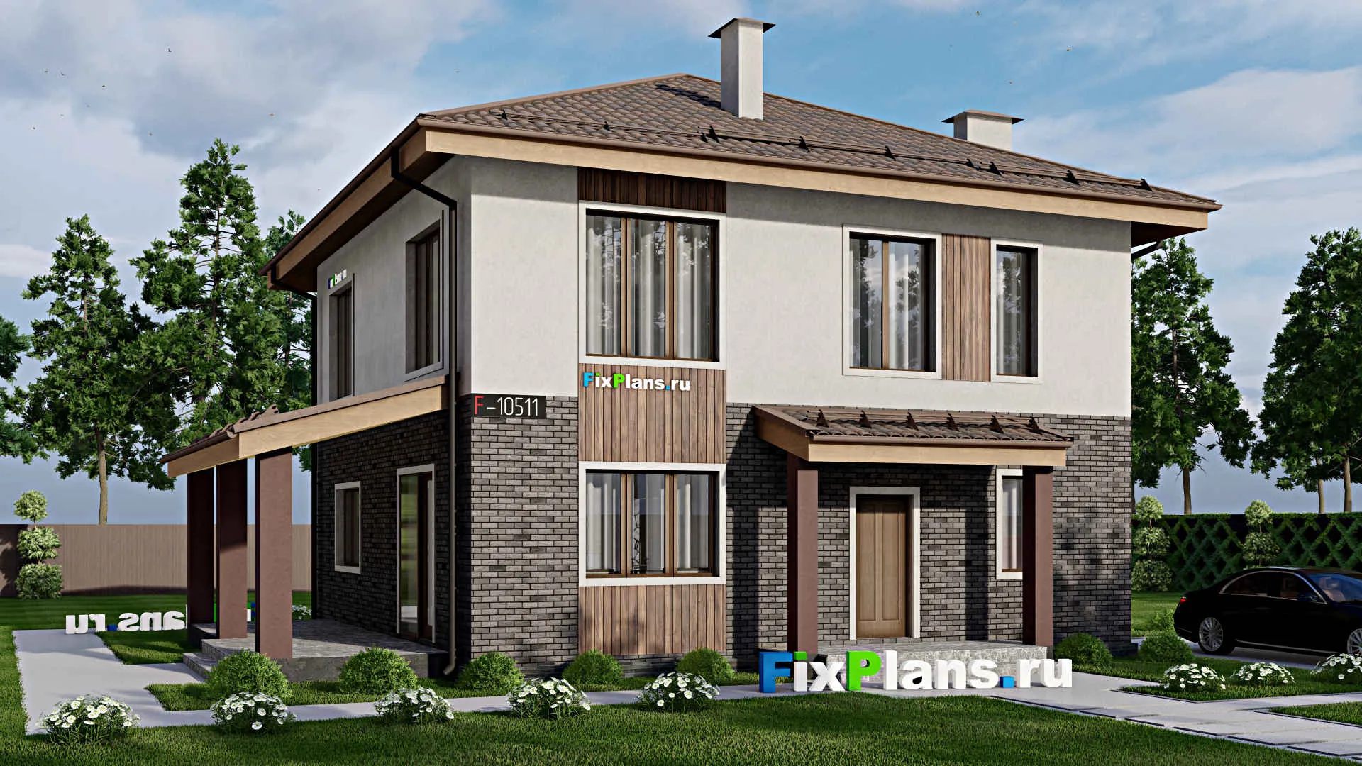 F-10511 - Проект двухэтажного дома 12 на 14, площадью 200 м² с террасой и 4 спальнями