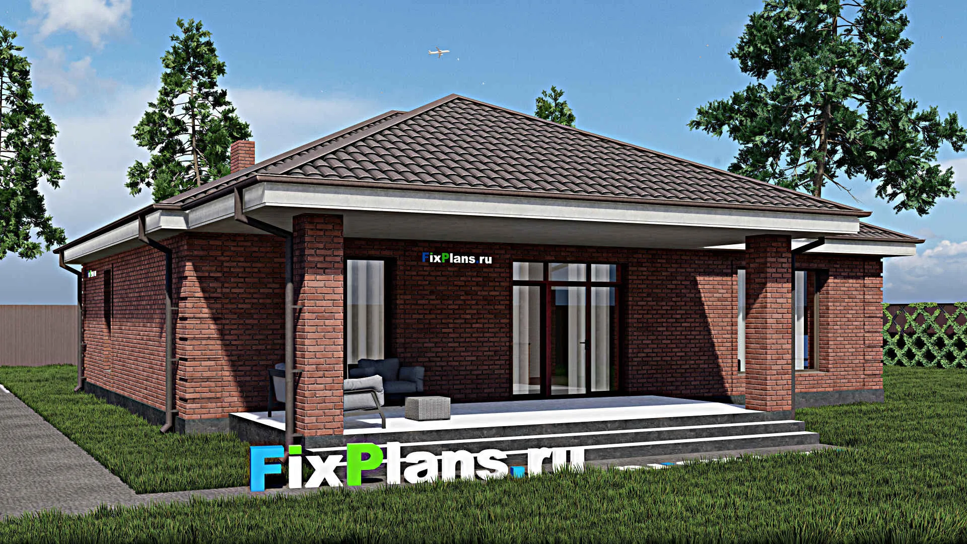 F-0701 - Проект одноэтажного дома 12 на 15, площадью 170 м² с террасой и 3 спальнями