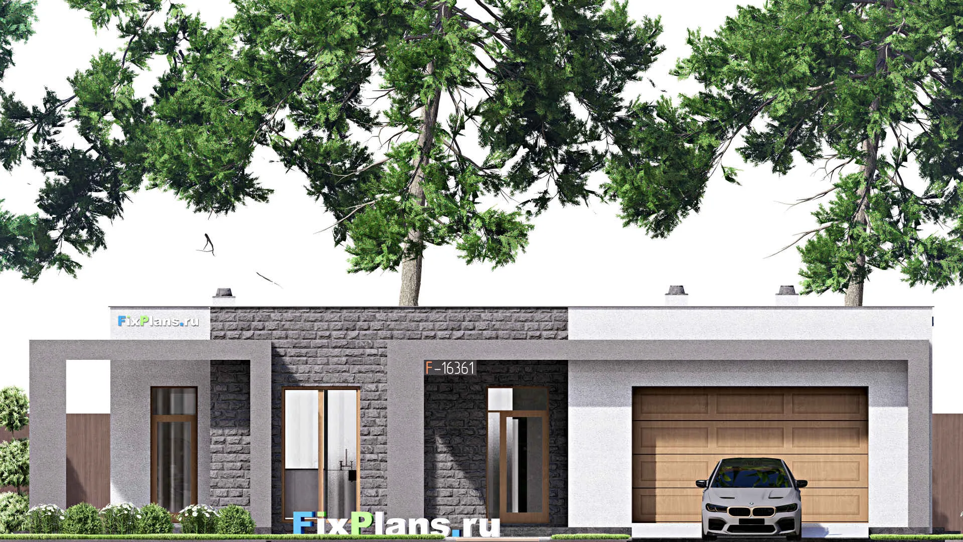 F-16361 - Проект одноэтажного дома 18 на 18, площадью 470 м² с террасой, гаражом на 1 машину и 3 спальнями