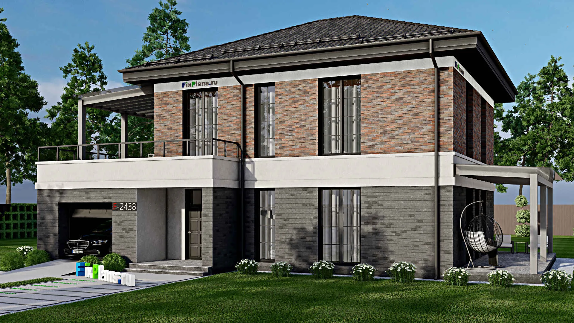 F-2438 - Проект двухэтажного дома 12 на 16, площадью 250 м² с террасой, балконом, гаражом на 1 машину и 4 спальнями