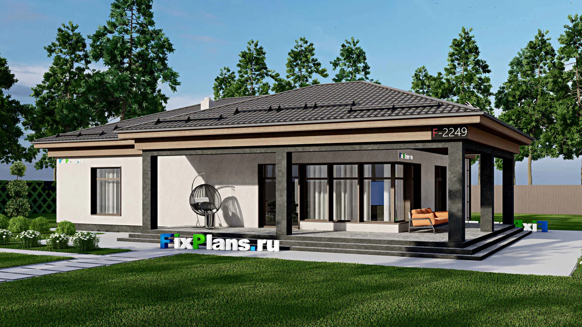 F-2249 - Проект одноэтажного дома 12 на 17, площадью 210 м² с террасой и 3 спальнями