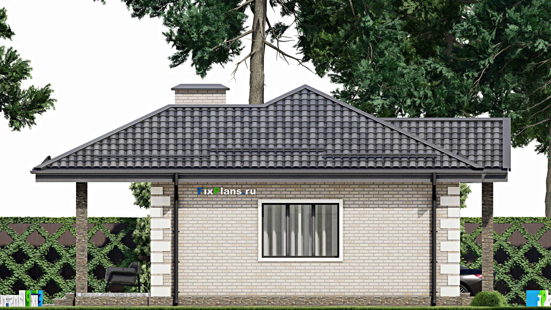 F-5768 - Проект одноэтажного дома 9 на 12, площадью 80 м² с террасой и 2 спальнями