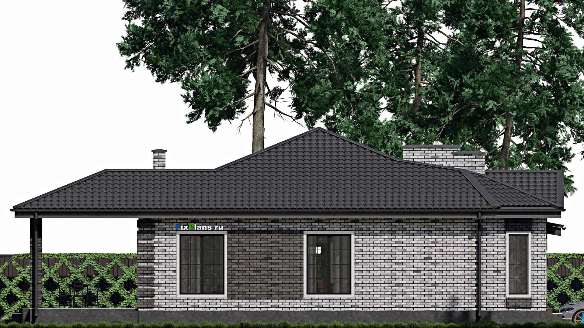 F-0845 - Проект одноэтажного дома 14 на 14, площадью 160 м² с террасой и 3 спальнями