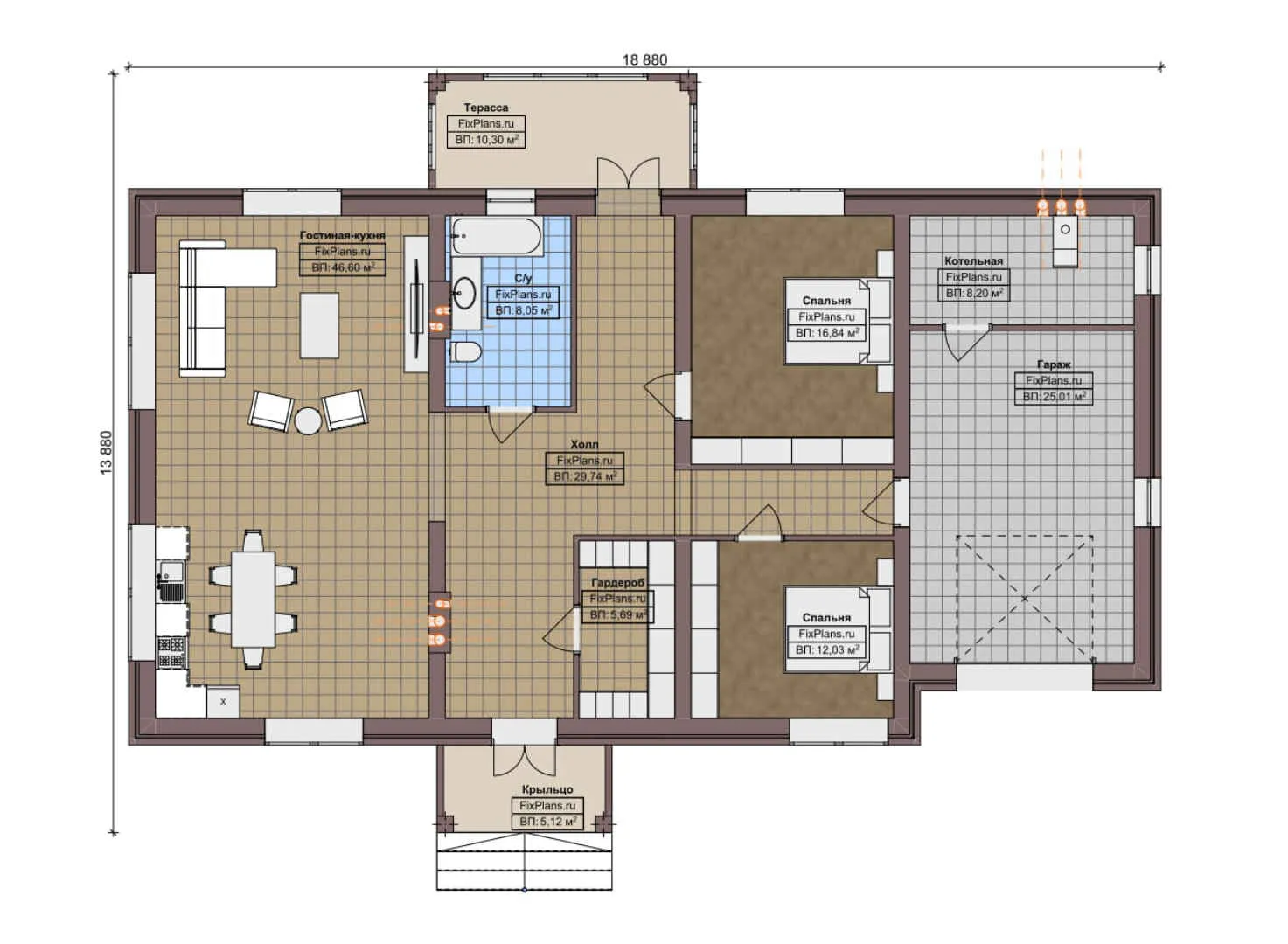 F-7424 - План одноэтажного дома 14 на 19, площадью 170 м² с террасой, гаражом на 1 машину и 2 спальнями