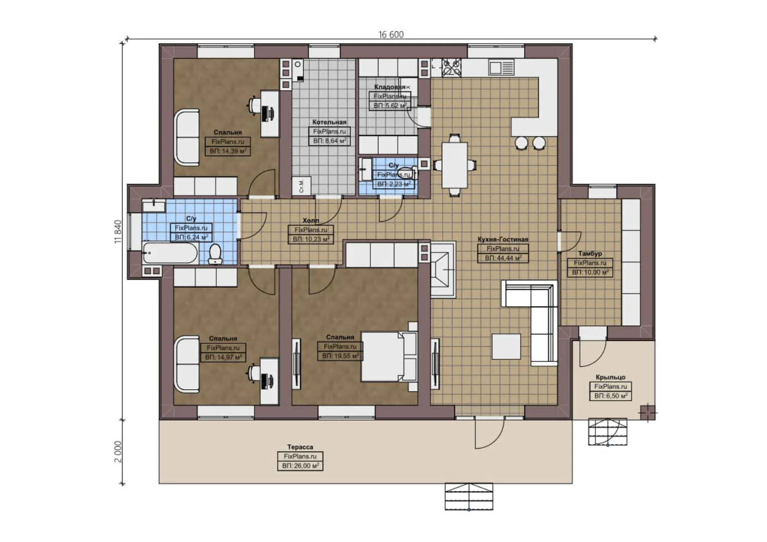 F-1511 - План одноэтажного дома 12 на 17, площадью 170 м² с террасой и 3 спальнями