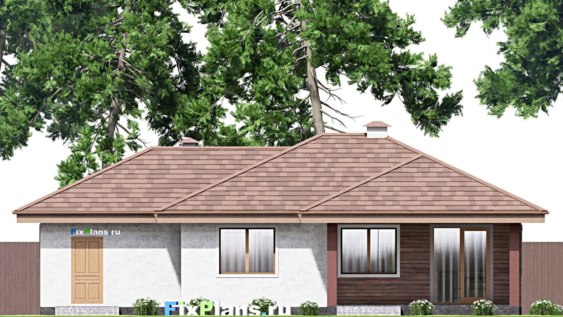 F-13634 - Проект одноэтажного дома 13 на 16, площадью 120 м² с террасой, гаражом на 1 машину и 2 спальнями