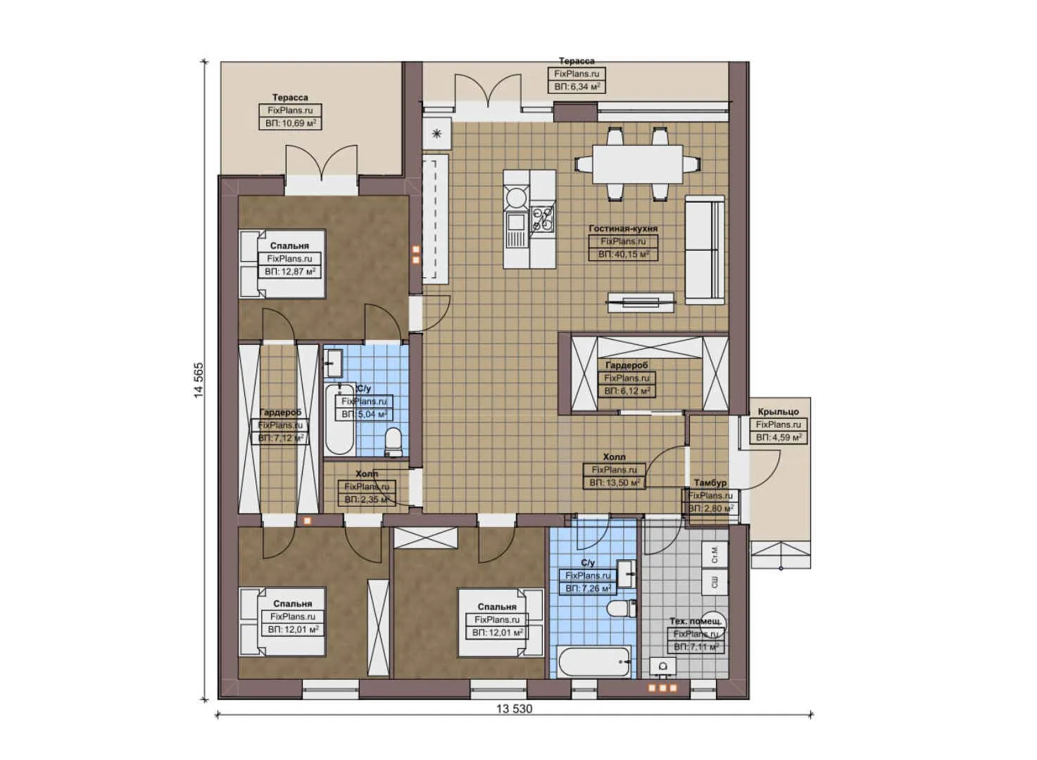F-10259 - План одноэтажного дома 14 на 15, площадью 150 м² с террасой и 3 спальнями
