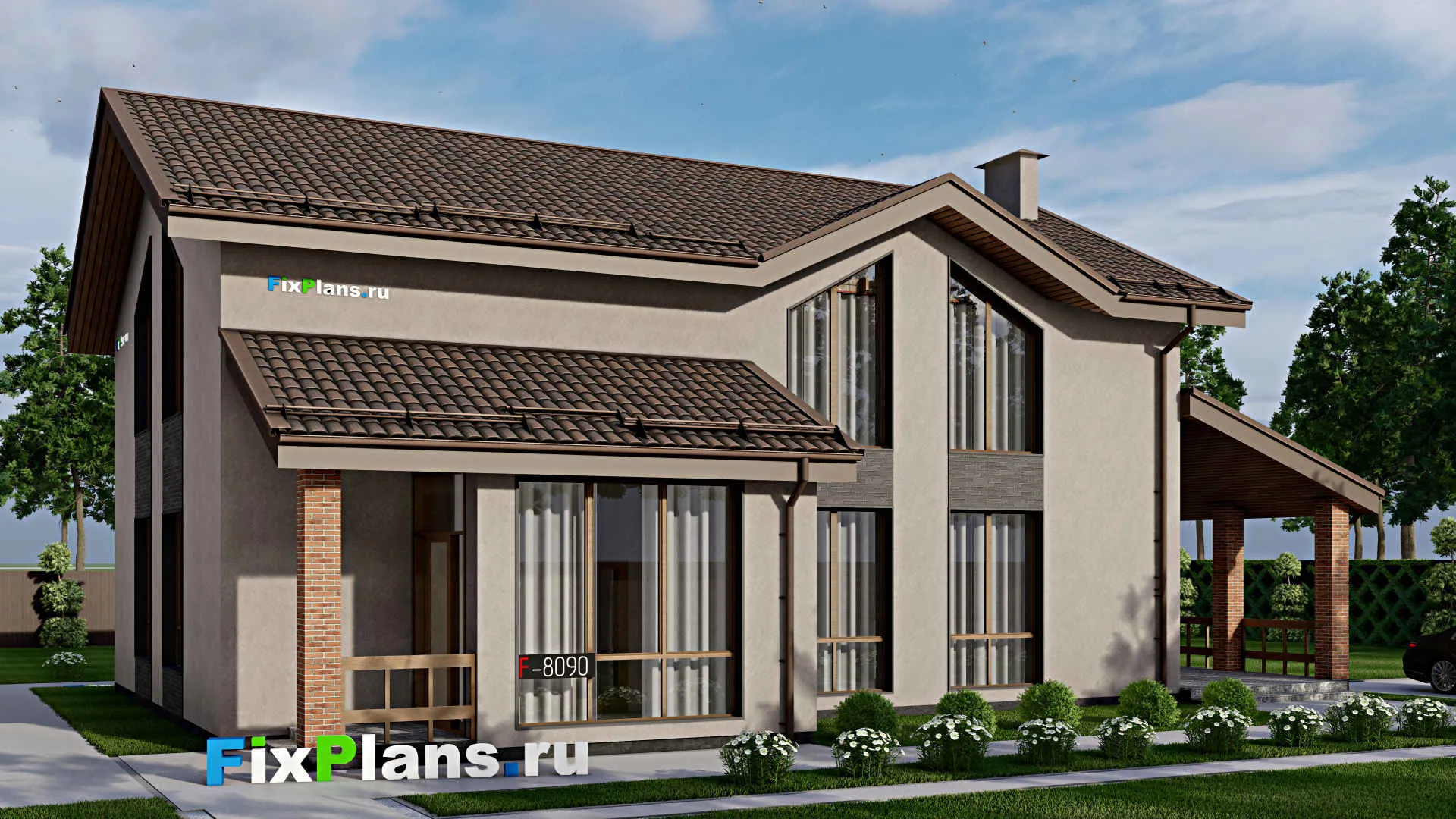 F-8090 - Проект дома с мансардой 14 на 20, площадью 290 м² с террасой и 4 спальнями