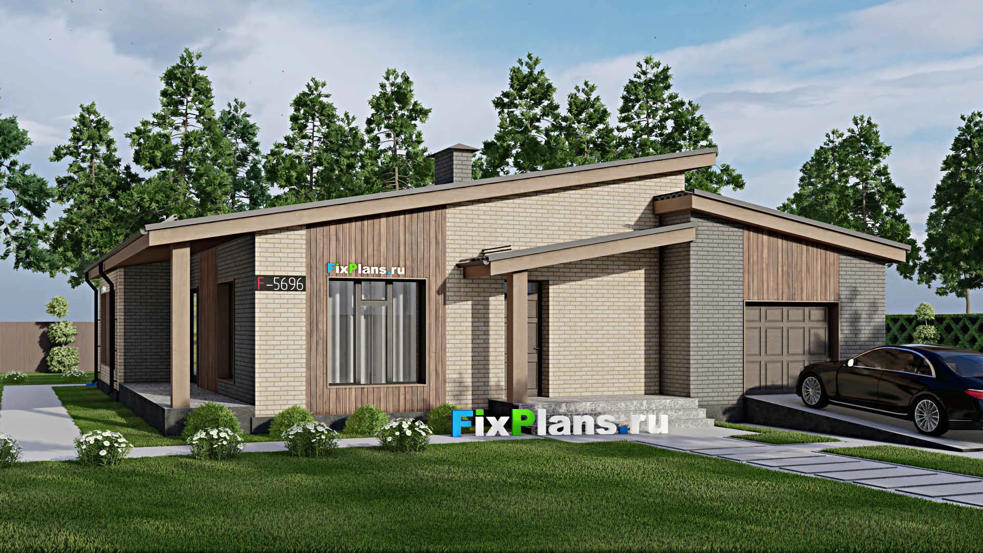 F-5696 - Проект одноэтажного дома 16 на 18, площадью 210 м² с террасой, гаражом на 1 машину и 3 спальнями