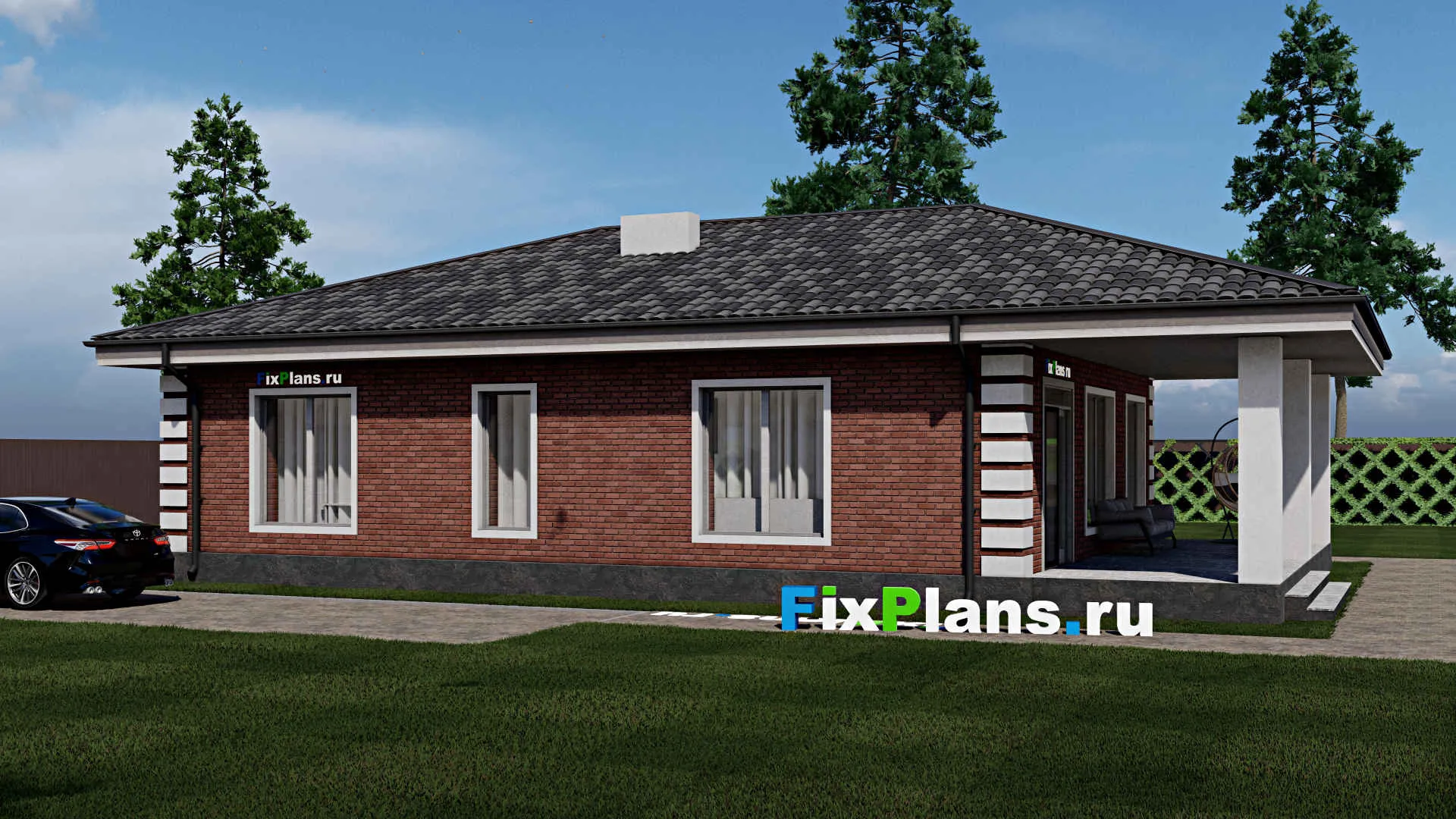 F-1655 - Проект одноэтажного дома 10 на 14, площадью 150 м² с террасой и 3 спальнями