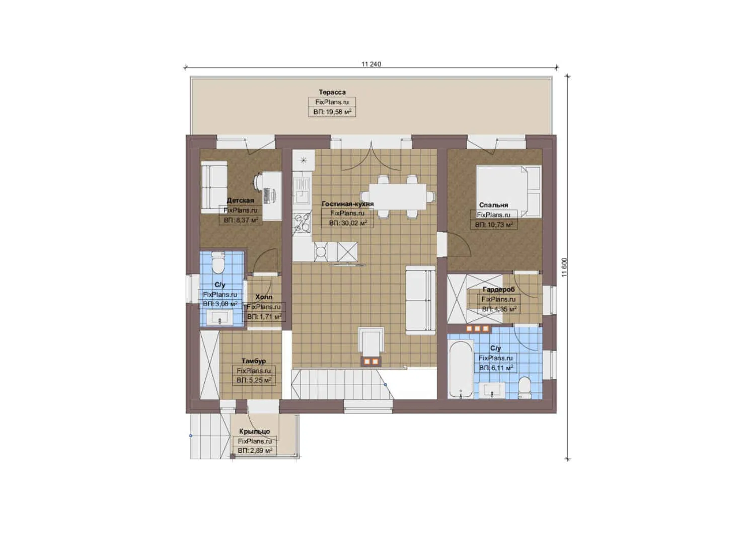 F-9827 - План одноэтажного дома 12 на 12, площадью 190 м² с террасой, цокольным этажом, баней, спортзалом и 1 спальнями