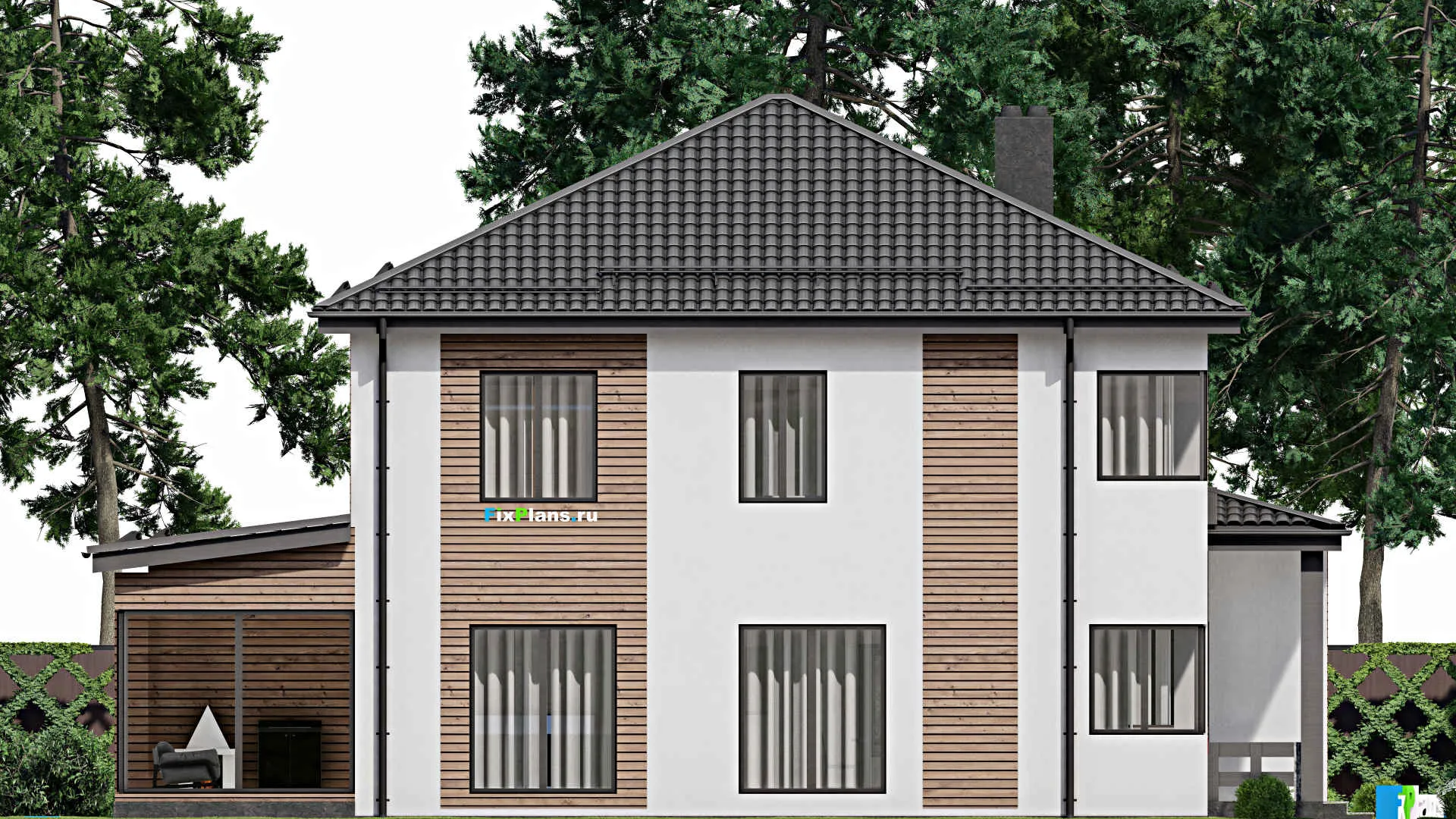 F-4049 - Проект двухэтажного дома 12 на 17, площадью 230 м² с террасой, баней и 4 спальнями