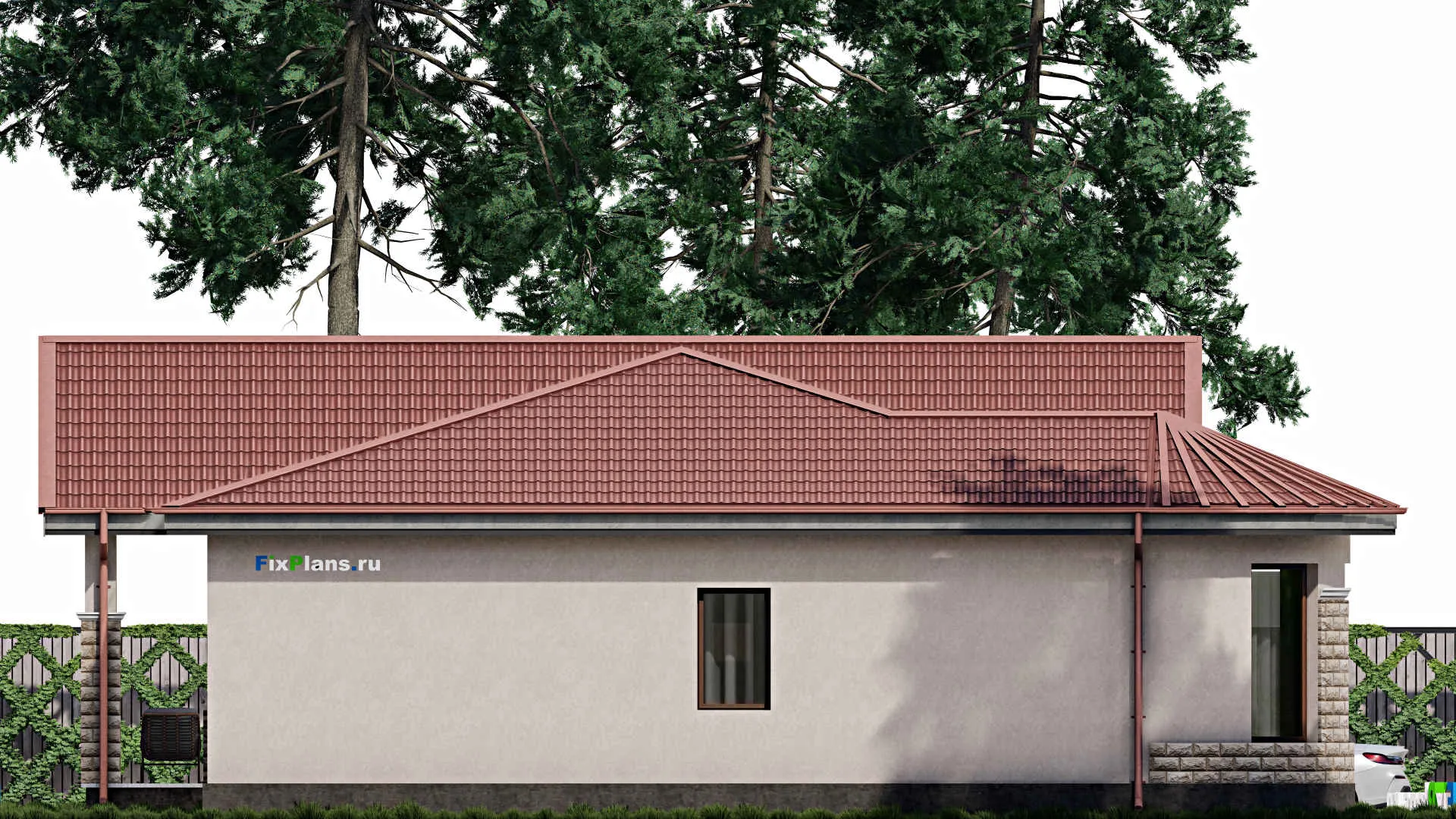 F-0539i - Проект одноэтажного дома 14 на 21, площадью 200 м² с террасой, гаражом на 1 машину и 3 спальнями