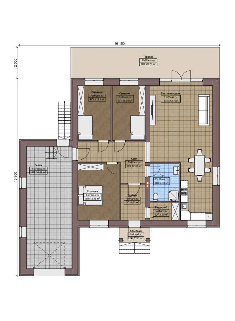 F-5471 - План одноэтажного дома 16 на 17, площадью 300 м² с террасой, цокольным этажом, гаражом на 2 машины и 3 спальнями