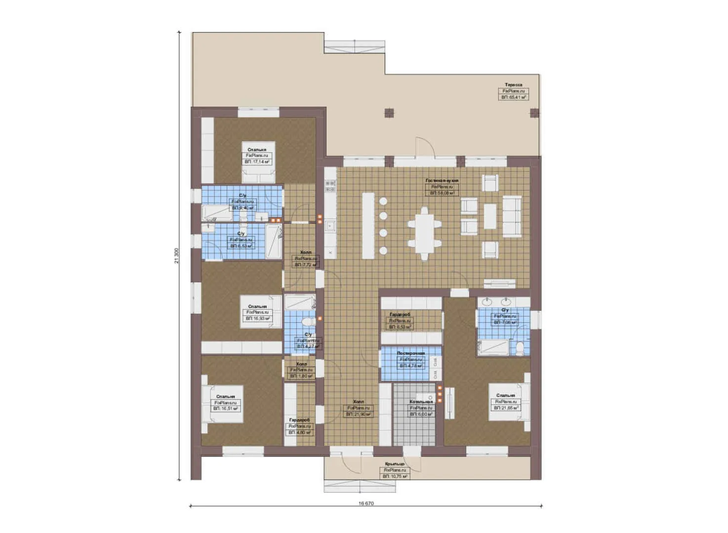 F-13184 - План одноэтажного дома 17 на 22, площадью 290 м² с террасой и 4 спальнями