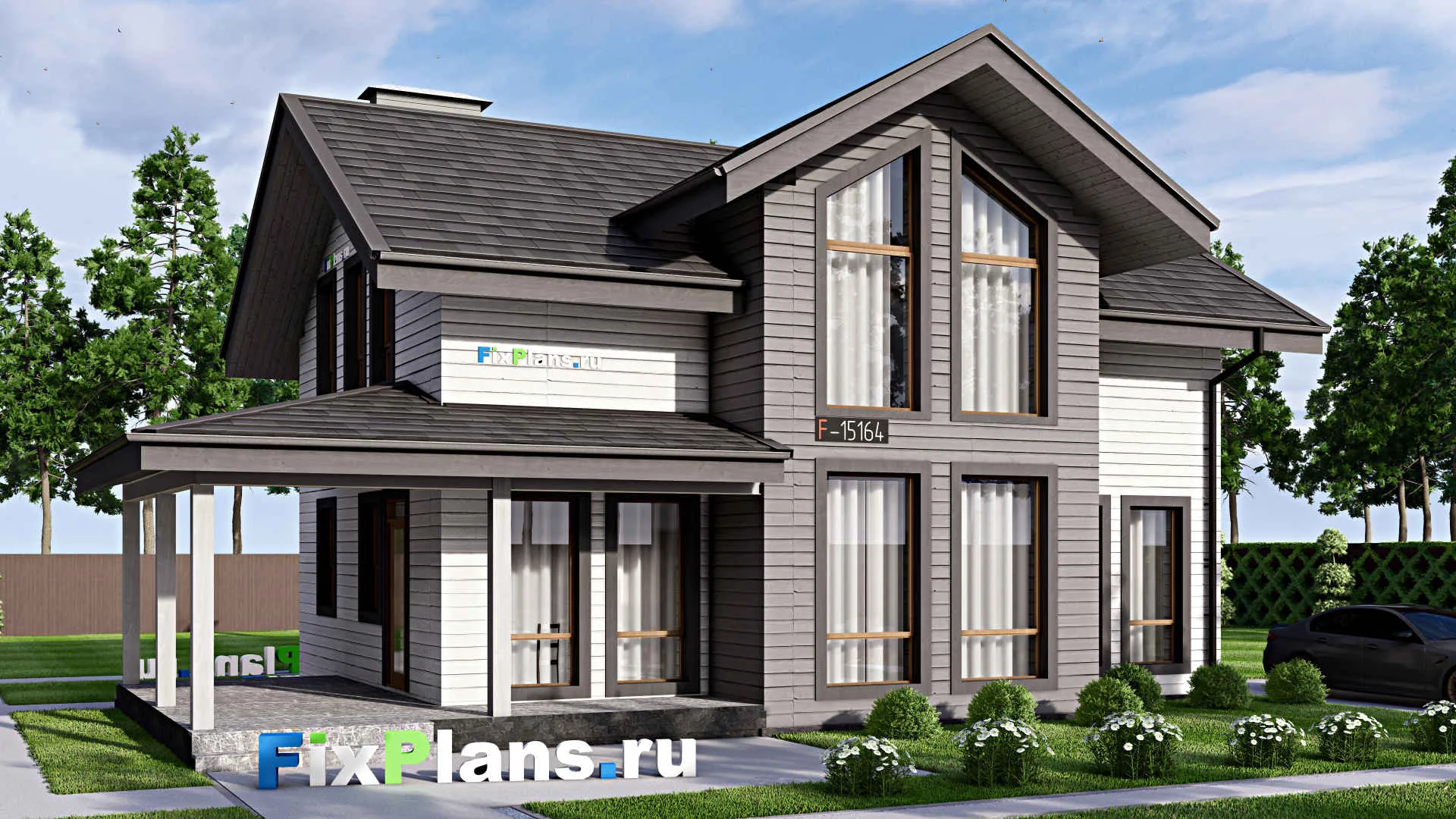 F-15164 - Проект дома с мансардой 12 на 15, площадью 170 м² с террасой, баней и 4 спальнями