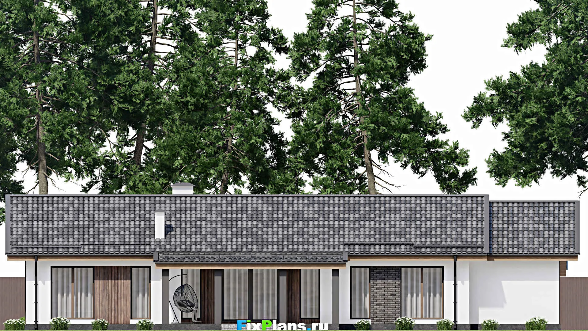 F-10709 - Проект одноэтажного дома 18 на 23, площадью 230 м² с террасой, гаражом на 1 машину и 3 спальнями