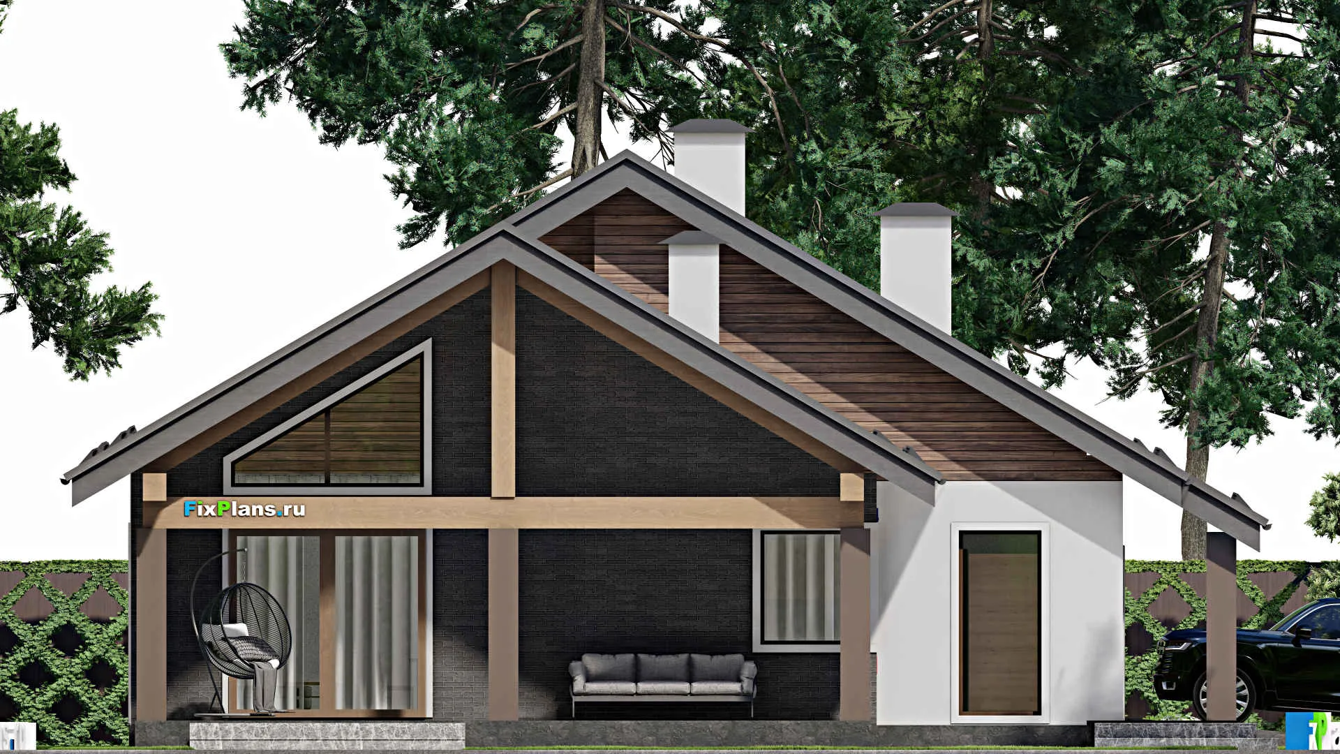 F-9035 - Проект одноэтажного дома 15 на 18, площадью 180 м² с террасой, гаражом на 1 машину и 3 спальнями