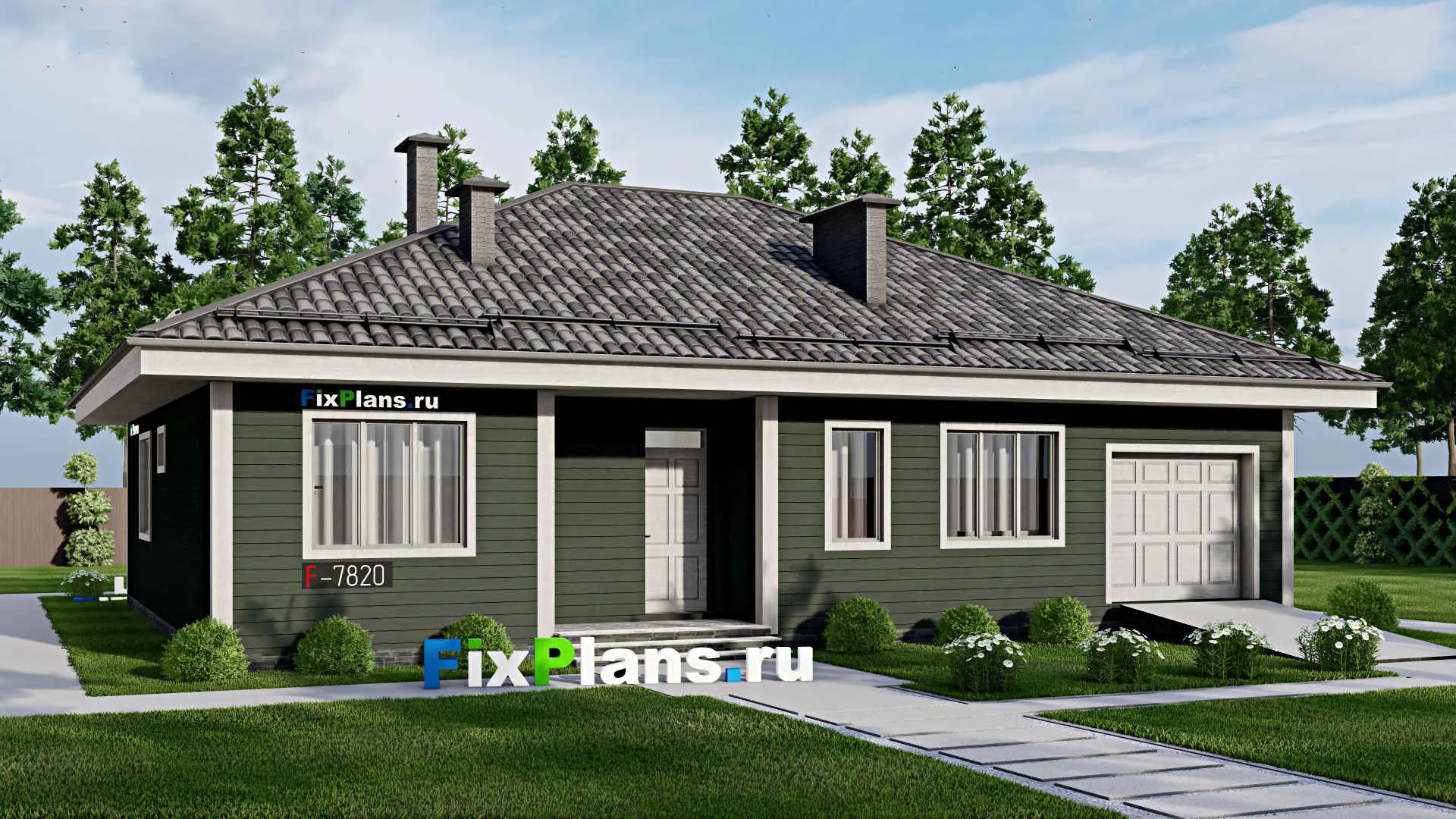 F-7820 - Проект одноэтажного дома 12 на 15, площадью 140 м² с гаражом на 1 машину и 3 спальнями
