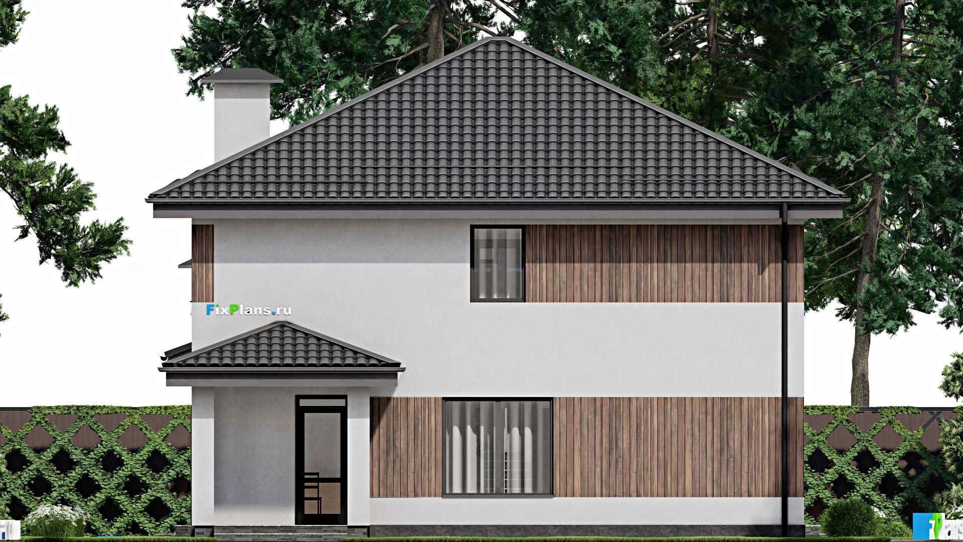 F-2807 - Проект двухэтажного дома 12 на 16, площадью 230 м² с террасой, балконом, гаражом на 1 машину и 6 спальнями