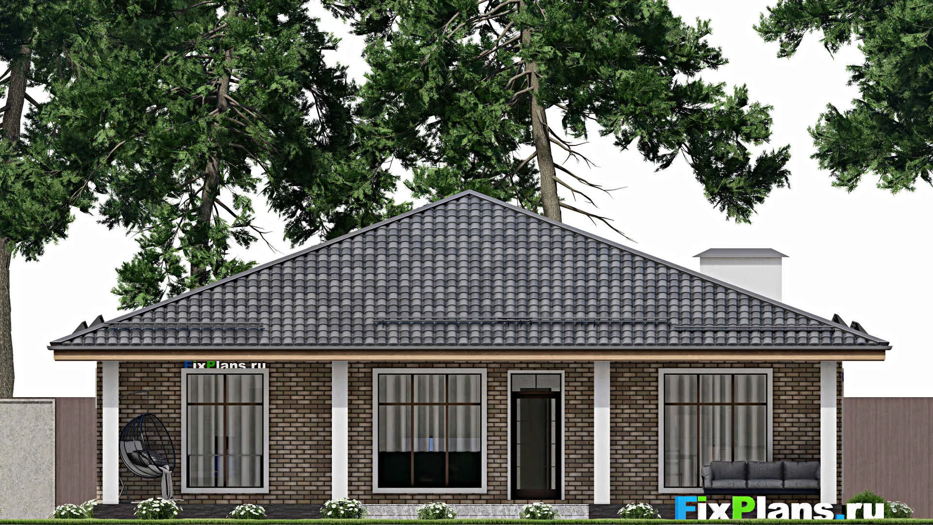 F-10628 - Проект одноэтажного дома 14 на 15, площадью 170 м² с террасой и 2 спальнями