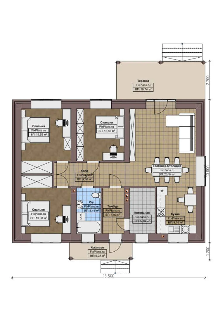 F-0629 - План одноэтажного дома 10 на 14, площадью 130 м² с террасой и 3 спальнями