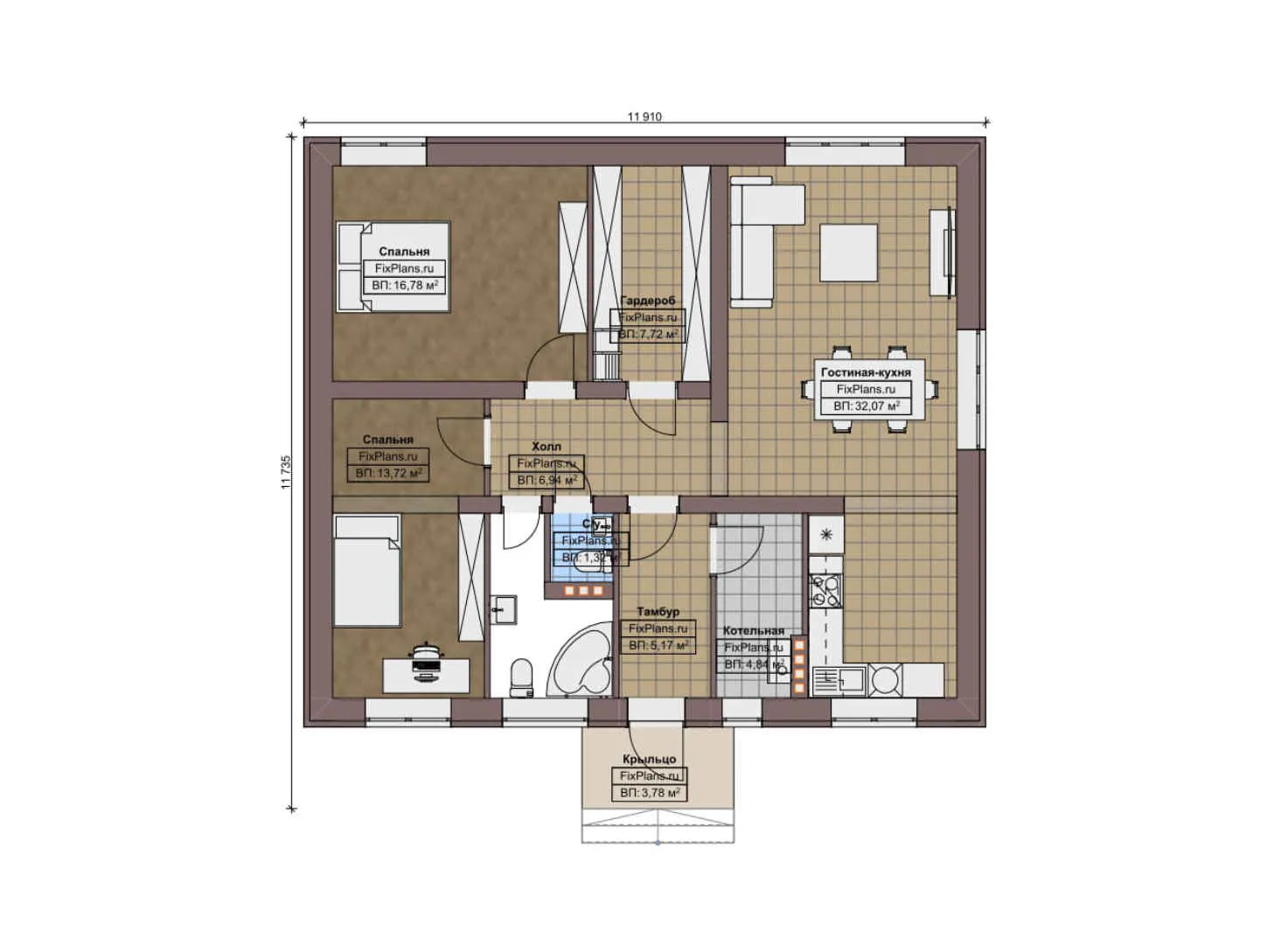 F-8756 - План одноэтажного дома 12 на 12, площадью 100 м² с 2 спальнями