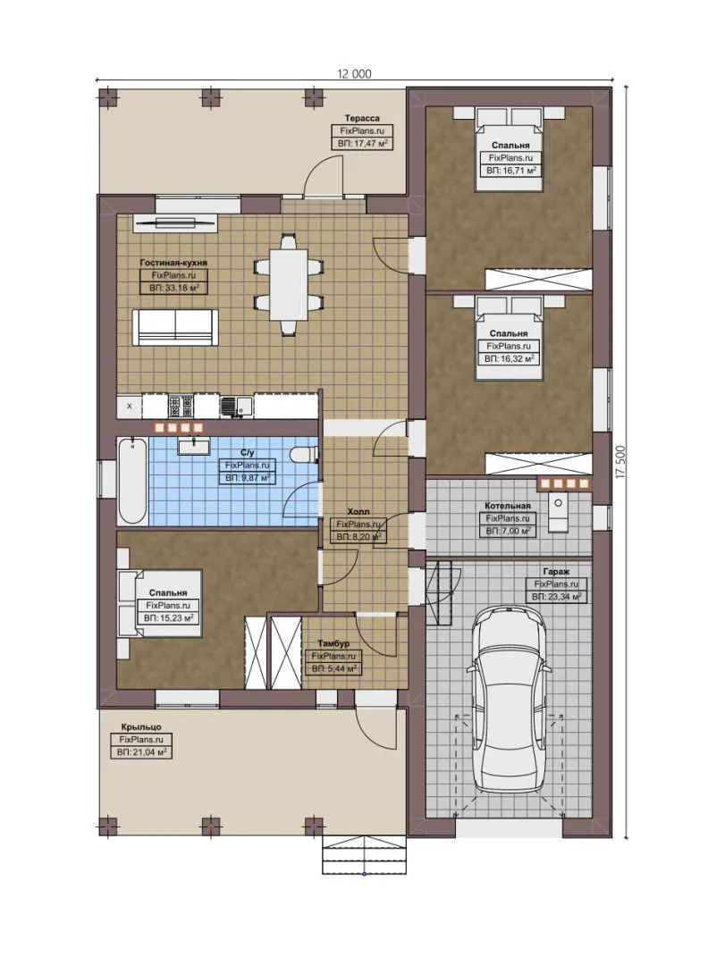 F-3311 - План одноэтажного дома 12 на 18, площадью 180 м² с террасой, гаражом на 1 машину и 3 спальнями
