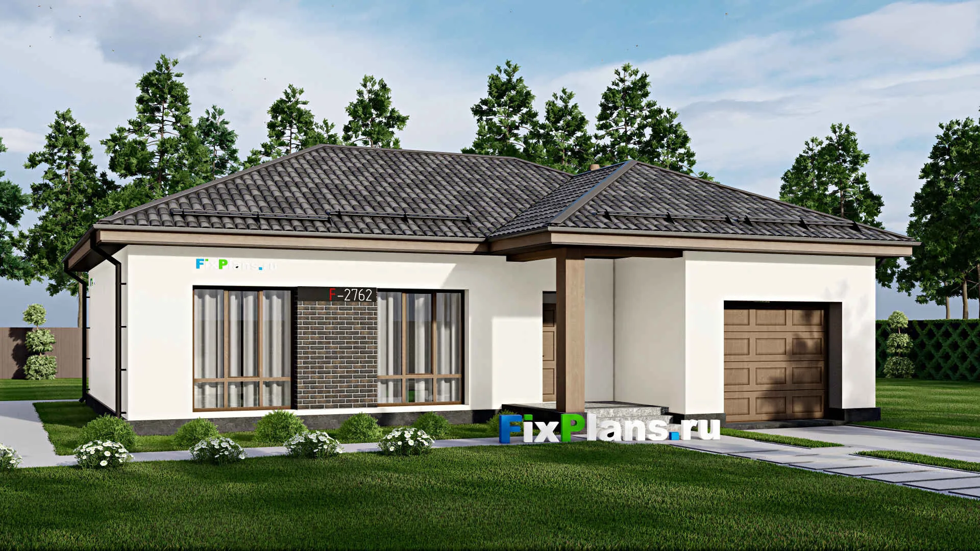 F-2762 - Проект одноэтажного дома 14 на 16, площадью 140 м² с террасой, гаражом на 1 машину и 3 спальнями
