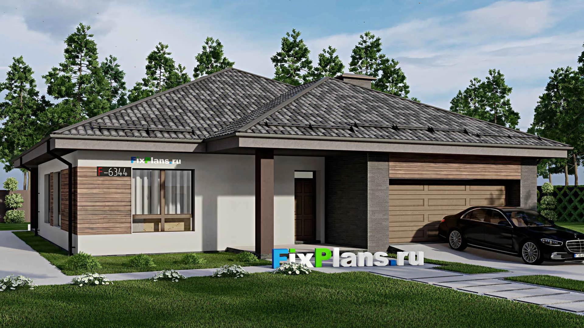 F-6344 - Проект одноэтажного дома 16 на 18, площадью 210 м² с террасой, гаражом на 2 машины и 3 спальнями