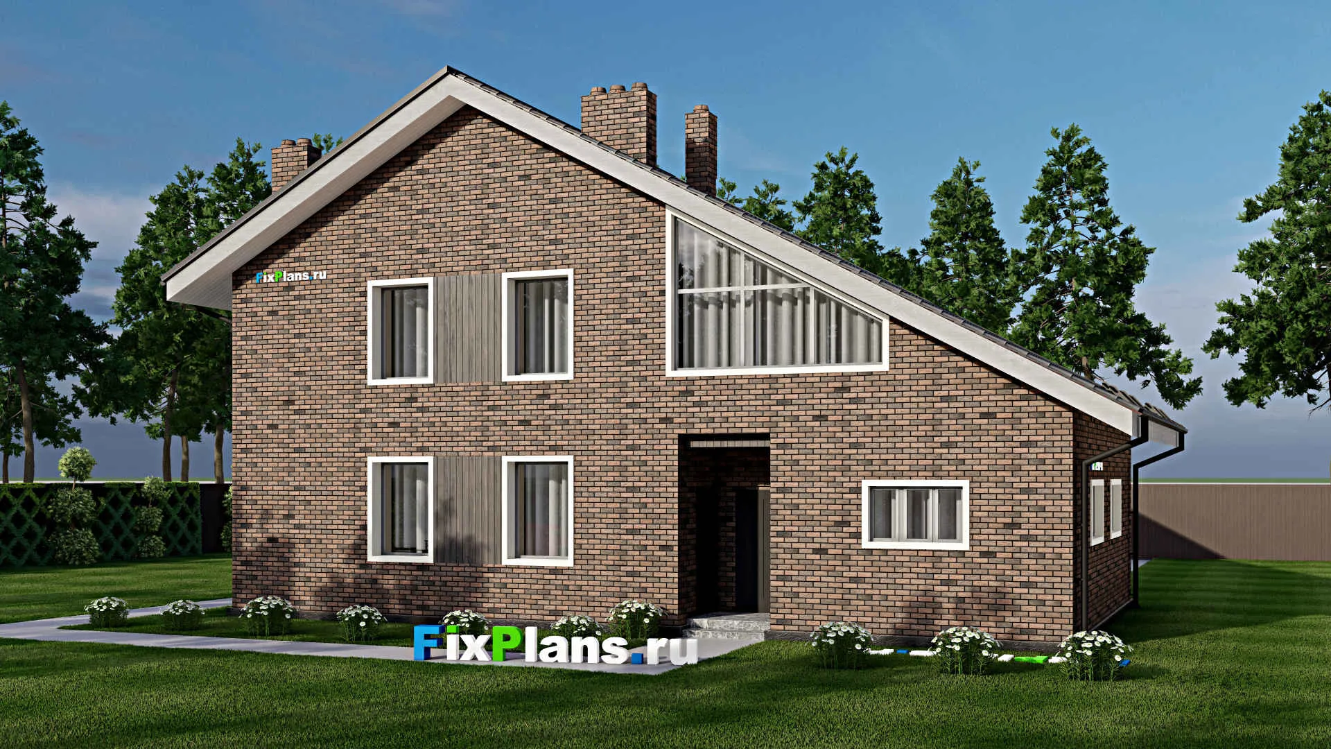 F-5165 - Проект дома с мансардой 9 на 16, площадью 190 м² с террасой, гаражом на 1 машину и 4 спальнями