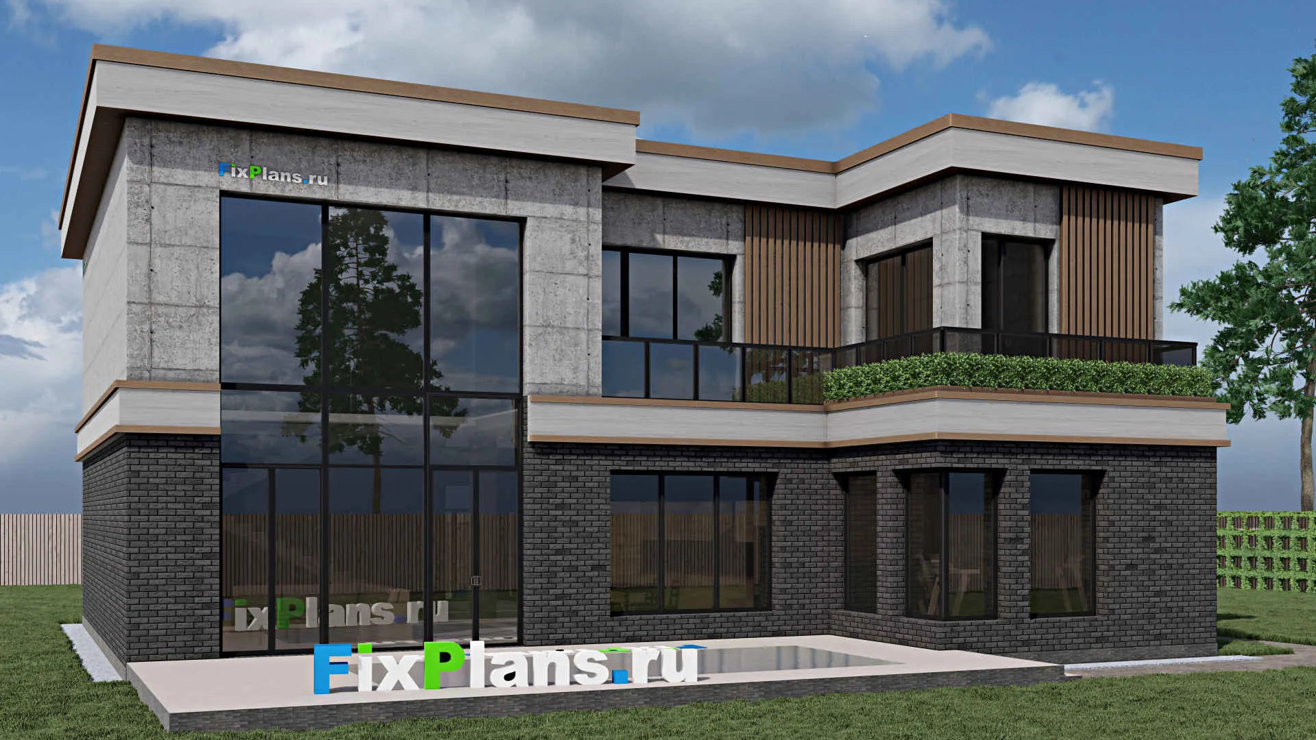 F-0971 - Проект двухэтажного дома 17 на 18, площадью 400 м² с террасой, балконом, гаражом на 2 машины и 4 спальнями