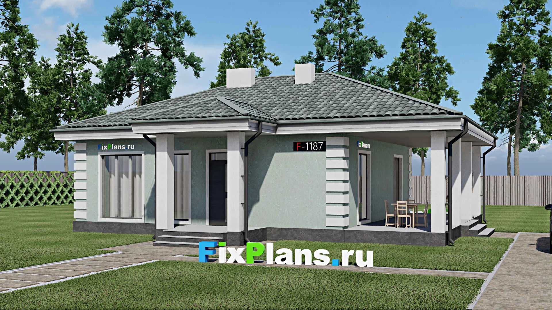 F-1187 - Проект одноэтажного дома 10 на 10, площадью 120 м² с террасой и 3 спальнями